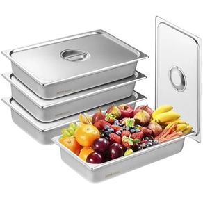 4 Pack Hotel Pans, Full Size Anti-Jam Steam Pan with Lid, 0.8mm Thick Stainless Steel Steam Table Pan, 4-Inch Deep Commercial Table Pan, Catering Storage Food Pan, for Industrial & Scientific
