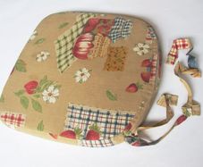 Zip-up Mustard-Coloured Flat Chair Cushion w/ Floral, Strawberry, Jam, Table/Picnic Cloth Print