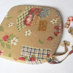 Zip-up Mustard-Coloured Flat Chair Cushion w/ Floral, Strawberry, Jam, Table/Picnic Cloth Print