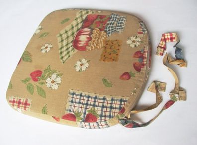 Zip-up Mustard-Coloured Flat Chair Cushion w/ Floral, Strawberry, Jam, Table/Picnic Cloth Print