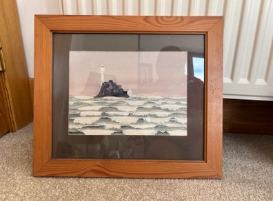 Vintage Watercolour Painting of a Lighthouse on a Rock Formation