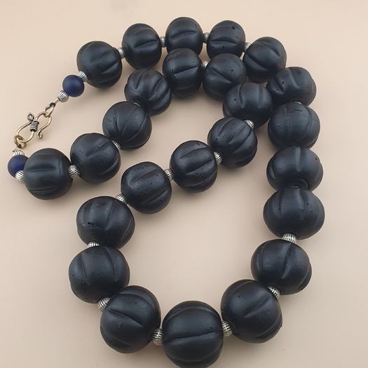 Antique African Style Dark Black Melon Shape Glass Beads Necklace