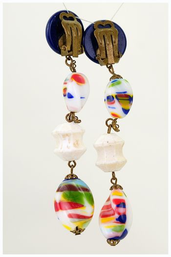 Retro Murano Millefiori Glass Long Drop Clip On Earrings