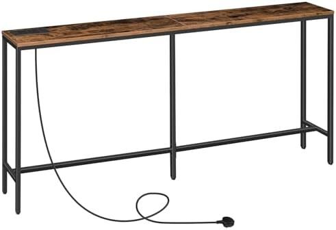 Console Table with Power Outlet, 180 cm Narrow Sofa Table, Industrial Entryway Table with USB Ports, Behind Couch Table for Entryway, Hallway, Foyer, Living Room, Rustic Brown
