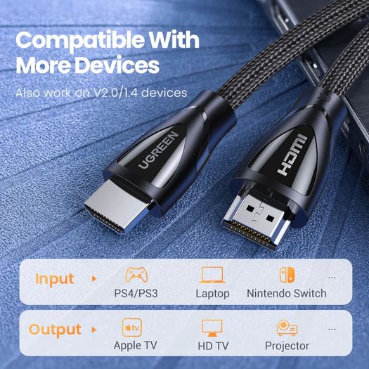 Ugreen 3M HDMI 2.1 UHD/3D 8K (7680x4320@60Hz) 48Gbps Ultra High Speed Cotton Braided (Nickel-Plated) Cable (Brand New/Warranty)