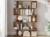Zigzag 5 Tier Bookcase Vintage Brown or White Stylish Strong Storage Shelf for Living Room or Office