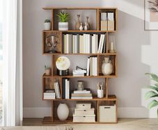 Zigzag 5 Tier Bookcase Vintage Brown or White Stylish Strong Storage Shelf for Living Room or Office