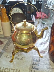 Vintage Etched Brass Tea Kettle with Footed Trivet Stand Postage Available or Collection,