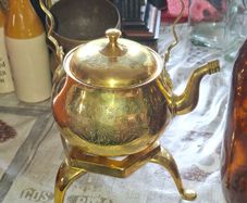 Vintage Etched Brass Tea Kettle with Footed Trivet Stand Postage Available or Collection,