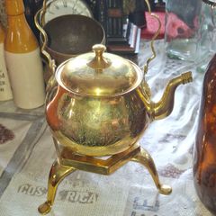 Vintage Etched Brass Tea Kettle with Footed Trivet Stand Postage Available or Collection,