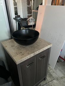 Bathroom washbasin, tap and cabinet