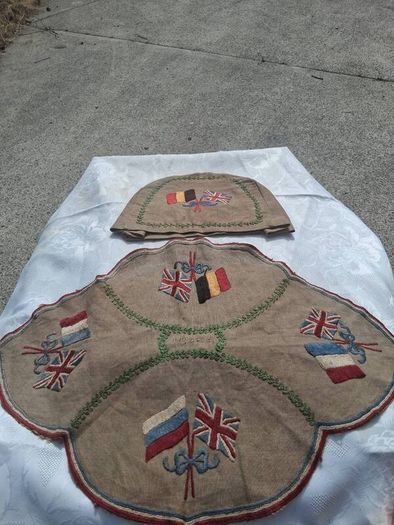WW1 Embroidered Linen Tray Runner and Tea Cosy