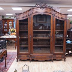 Antique French Carved Oak Library Bookcase / Display Cabinet