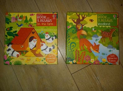 Two Usborne Book and 3 Jigsaws sets - Farm and Woodland