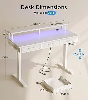 Electric Standing Desk, 120 x 54cm Height Adjustable Desk with 3 Drawers, RGB LED Strip & Charging Station for Home Office Computer Workstation, Computer Table with Monitor Stand, White