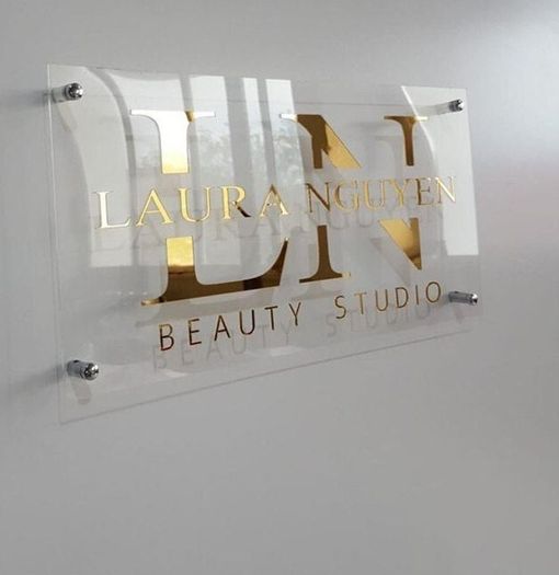 Custom Acrylic Wall Signs - LED Backlit or Clear Gold Lettering, Any Logo