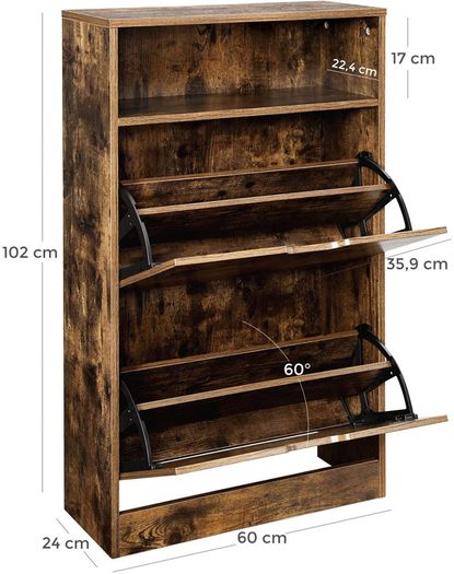 Shoe cabinet with 2 flaps, shoe rack, shoe tipper, shoe chest with 2 compartments, shoe racks, in the hallway, for 8-12 pairs of shoes, space-saving, 60 x 30 x 95 cm, vintage brown-black