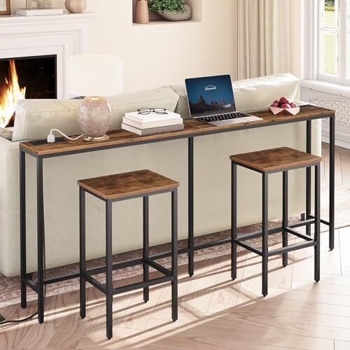 Console Table with Power Outlet, 180 cm Narrow Sofa Table, Industrial Entryway Table with USB Ports, Behind Couch Table for Entryway, Hallway, Foyer, Living Room, Rustic Brown
