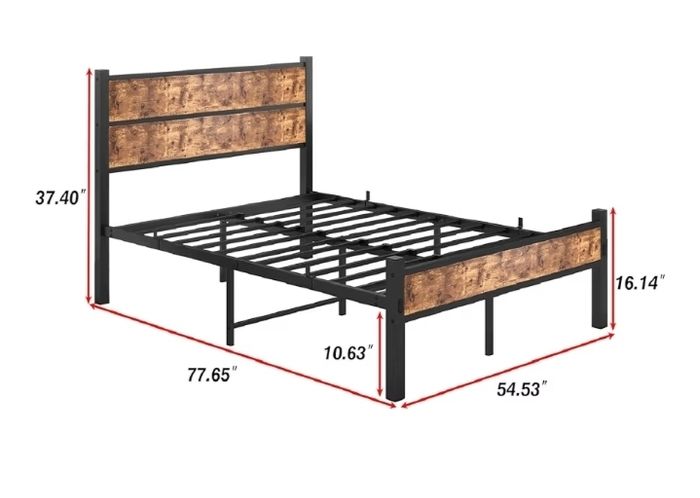 Double Bed Frame with Wooden Headboard and Footboard, Metal Wooden Bed Frame 4ft6 Under Bed Storage, No Box Spring Needed, Enhanced Support Noise Free (Black+Brown Oak