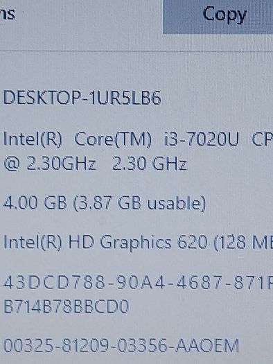 DELL Inspiron 15, Model 5100, Intel Core i3=7020U CPU, 2.3GHz, 4GB Ram, 1 Terrabyte HDD, Windows 10 64bit, Microsoft Edge, Chrome and VLC