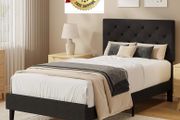 Single Bed Frame, 90 x 190 cm, with Adjustable Upholstered Headboard, Heavy Duty 256kg Weight Capacity, Easy Assembly, No Box Spring Needed, Grey