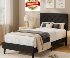 Single Bed Frame, 90 x 190 cm, with Adjustable Upholstered Headboard, Heavy Duty 256kg Weight Capacity, Easy Assembly, No Box Spring Needed, Grey