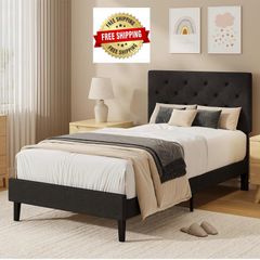 Single Bed Frame, 90 x 190 cm, with Adjustable Upholstered Headboard, Heavy Duty 256kg Weight Capacity, Easy Assembly, No Box Spring Needed, Grey