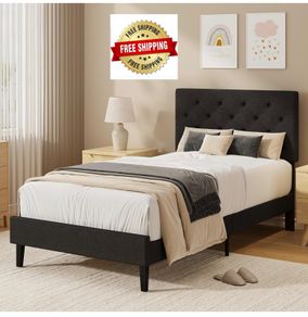 Single Bed Frame, 90 x 190 cm, with Adjustable Upholstered Headboard, Heavy Duty 256kg Weight Capacity, Easy Assembly, No Box Spring Needed, Grey