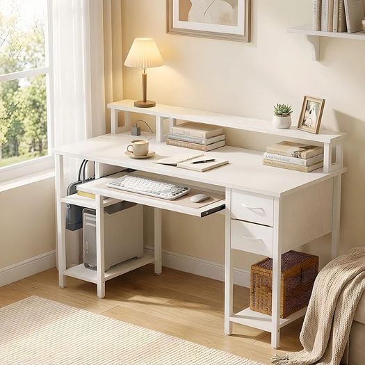 Computer Desk with Drawers & Power Outlets, Office Desk with Storage Monitor Stand, Reversible Small Desks for Home Office Bedroom, 120 / 50cm, White