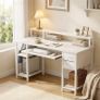 Computer Desk with Drawers & Power Outlets, Office Desk with Storage Monitor Stand, Reversible Small Desks for Home Office Bedroom, 120 / 50cm, White Image 6