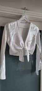 BERSHKA white satin style crop tie top with bell sleeve - Sz XS (Fit 6-8UK) - Rrp 29.99