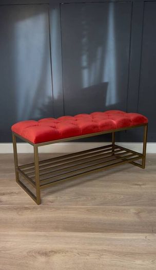 Mustard Eco-Leather Bench with Gold Metal Shoe Rack