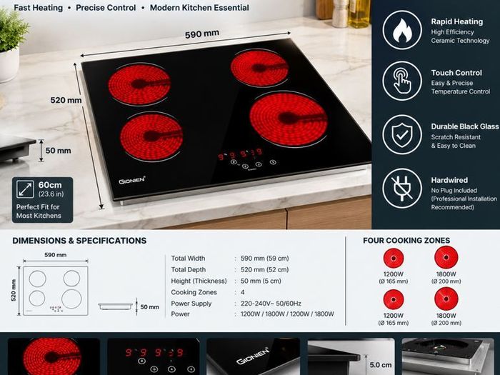60cm Ceramic Electric Hob 4 Cooking Zones, Built-In Glass Cooktop, Hardwired (No Plug)