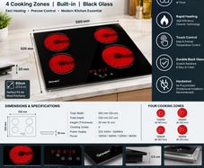 60cm Ceramic Electric Hob 4 Cooking Zones, Built-In Glass Cooktop, Hardwired (No Plug)