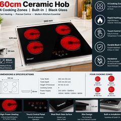 60cm Ceramic Electric Hob 4 Cooking Zones, Built-In Glass Cooktop, Hardwired (No Plug)
