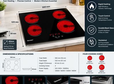 60cm Ceramic Electric Hob 4 Cooking Zones, Built-In Glass Cooktop, Hardwired (No Plug)