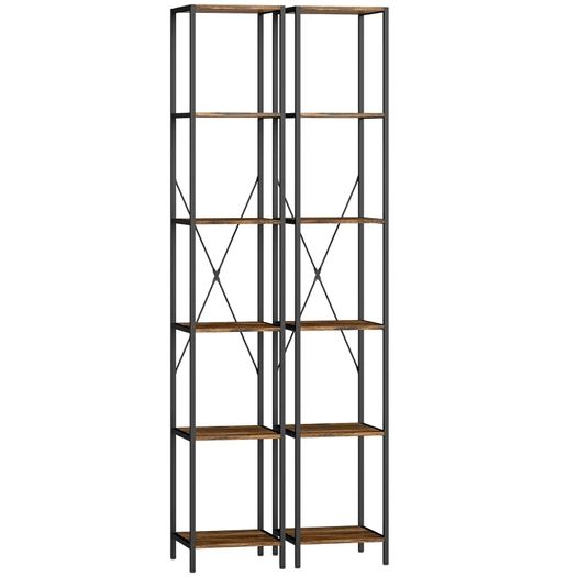 2-Pack 6-Tier Bookshelf, Steel Frame, for Living Room, Office, Bedroom, Rustic Brown