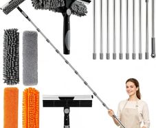 4.5M Window Cleaning Equipment, Window Squeegee Cleaner Kit with Extendable Pole, 2 in 1 Telescopic Long Cleaning Pole with Squeegee, 5 Microfiber Scrubber Pad for Home, Shower Glass, Car