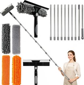 4.5M Window Cleaning Equipment, Window Squeegee Cleaner Kit with Extendable Pole, 2 in 1 Telescopic Long Cleaning Pole with Squeegee, 5 Microfiber Scrubber Pad for Home, Shower Glass, Car