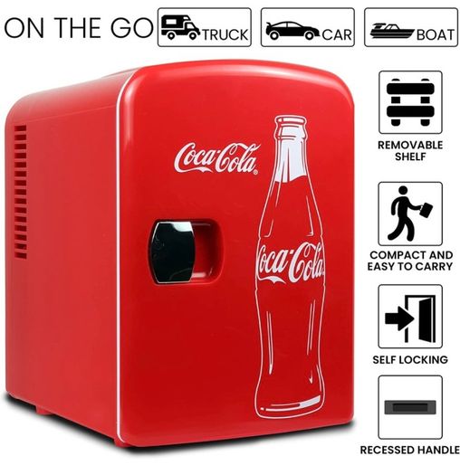 Coca Cola (Classic) 4 Liter/6 Can Portable Fridge/Mini Cooler for Food, Beverages, Skincare -Use at Home, Office, Dorm, Car, Boat-AC & DC Plugs Included (FREE POSTAGE)