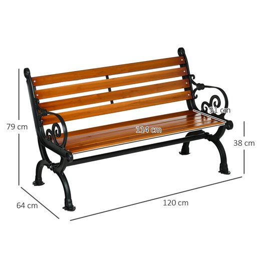Two-Seater Bench with Decorative Armrests for Garden & Patio, Cast Aluminum + Natural Wood