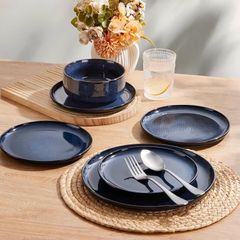12 Piece Stoneware Dinnerware Service for 4, Reactive Glaze Dining Ware Include Plates and Bowls, Chip and Scratch Resistant, Microwave & Dishwasher Safe, Nebulas Blue