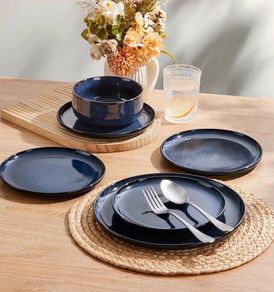 12 Piece Stoneware Dinnerware Service for 4, Reactive Glaze Dining Ware Include Plates and Bowls, Chip and Scratch Resistant, Microwave & Dishwasher Safe, Nebulas Blue