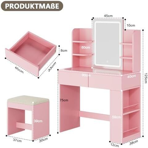 Dressing Table with Stool and Mirror, Dressing Table with LED Lighting with 3 Colours, Adjustable Brightness, Cosmetic Table with 2 Drawers, Open Compartments, Modern (Pink)
