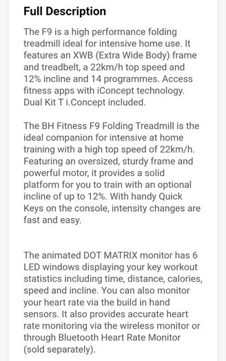 Quality Treadmill - BH F9R Dual