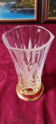 Vintage Killarney Crystal Cut Crystal Glass 8 Inch Tall Octagonal Large Flared Shaped Vase With 24 carat Gold Finishing Round Base Made In Ireland