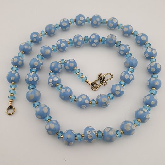 Vintage Venetian Style Light Blue White Dotted Glass Beads Necklace