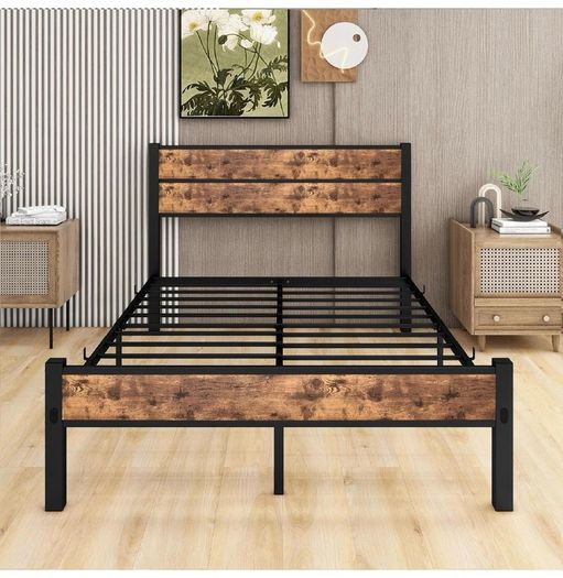 Double Bed Frame with Wooden Headboard