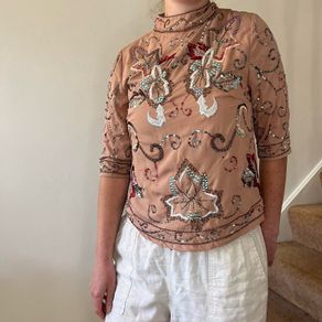 Folkster blush pink / cream sequin embellished and beaded high neck top