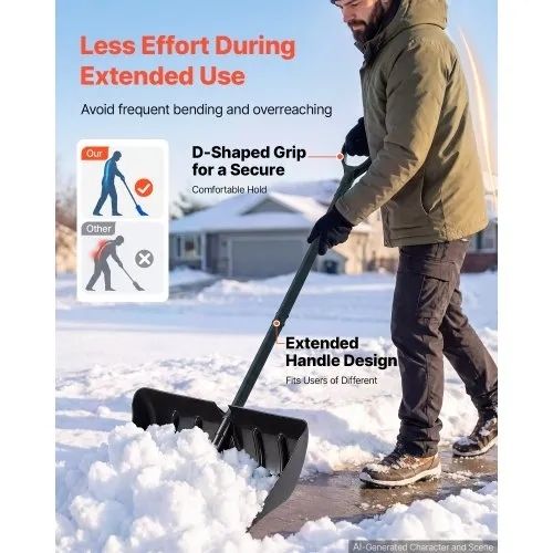 Snow Shovel for Driveway 558.8 mm Plastic Shovel with D-Grip Handle, for Home Garden Camping Outdoor Use, Aluminum Strip, Large Capacity Lightweight Snow Removal Tool with Extended Steel Handle